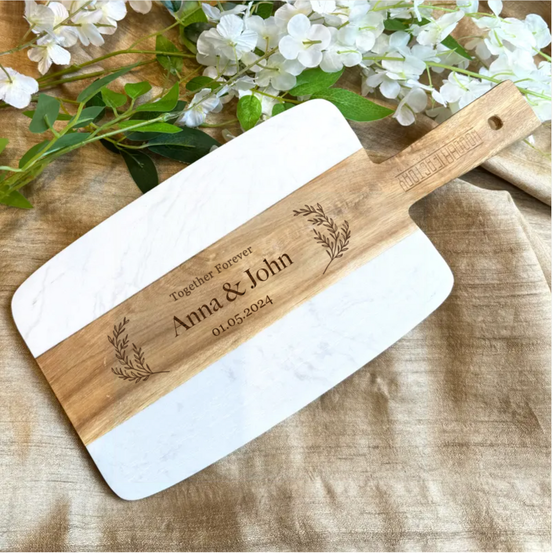 Personalized Marble & Wood Charcuterie Board as Wedding Gift