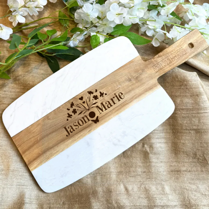 Personalized Acacia Wood and Marble Serving Board Wedding Gift for Couples