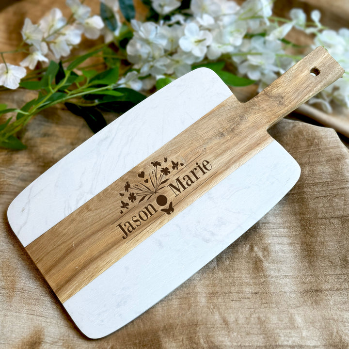 Personalized Acacia Wood and Marble Serving Board Wedding Gift for Couples