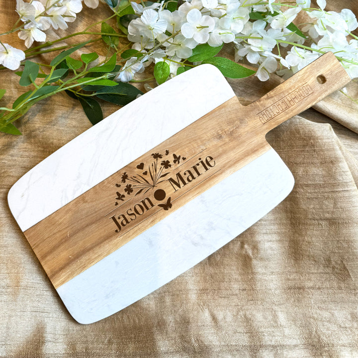 Personalized Acacia Wood and Marble Serving Board Wedding Gift for Couples