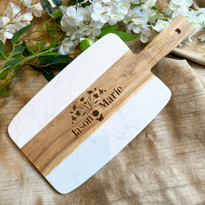 Personalized Acacia Wood and Marble Serving Board Wedding Gift for Couples