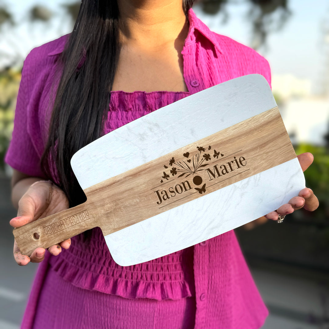 Personalized Acacia Wood and Marble Serving Board Wedding Gift for Couples