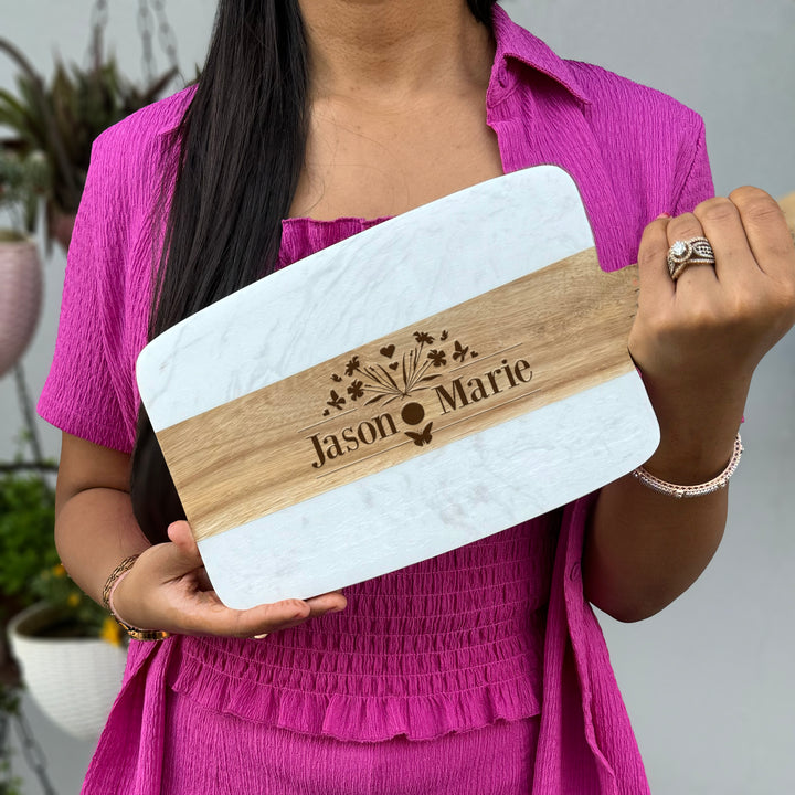 Personalized Acacia Wood and Marble Serving Board Wedding Gift for Couples