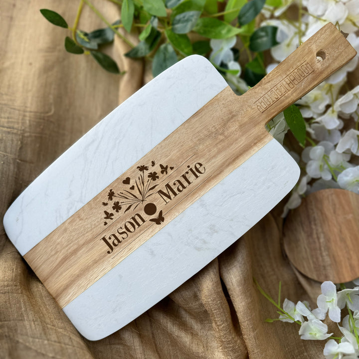 Personalized Acacia Wood and Marble Serving Board Wedding Gift for Couples