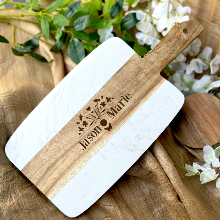 Personalized Acacia Wood and Marble Serving Board Wedding Gift for Couples