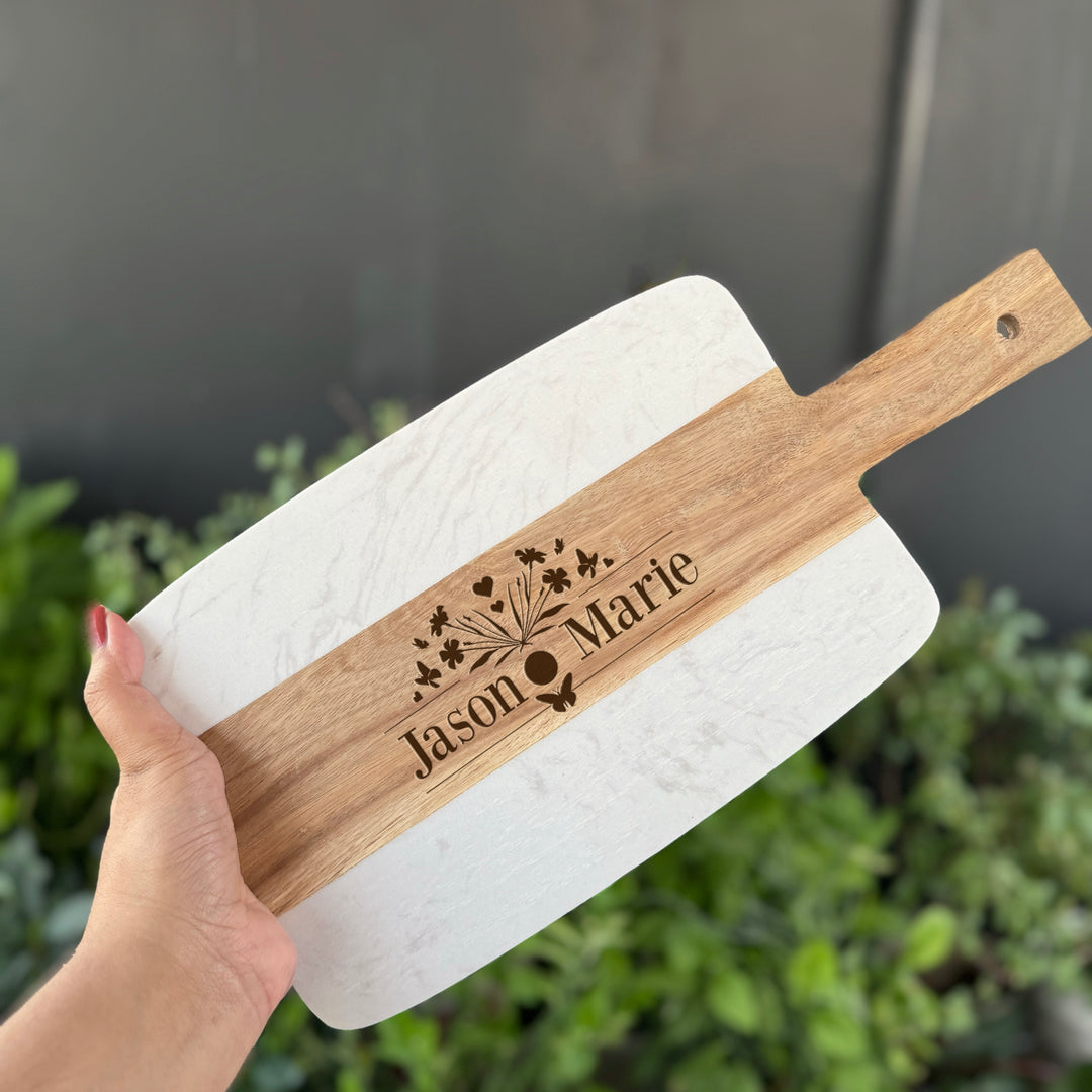 Personalized Acacia Wood and Marble Serving Board Wedding Gift for Couples